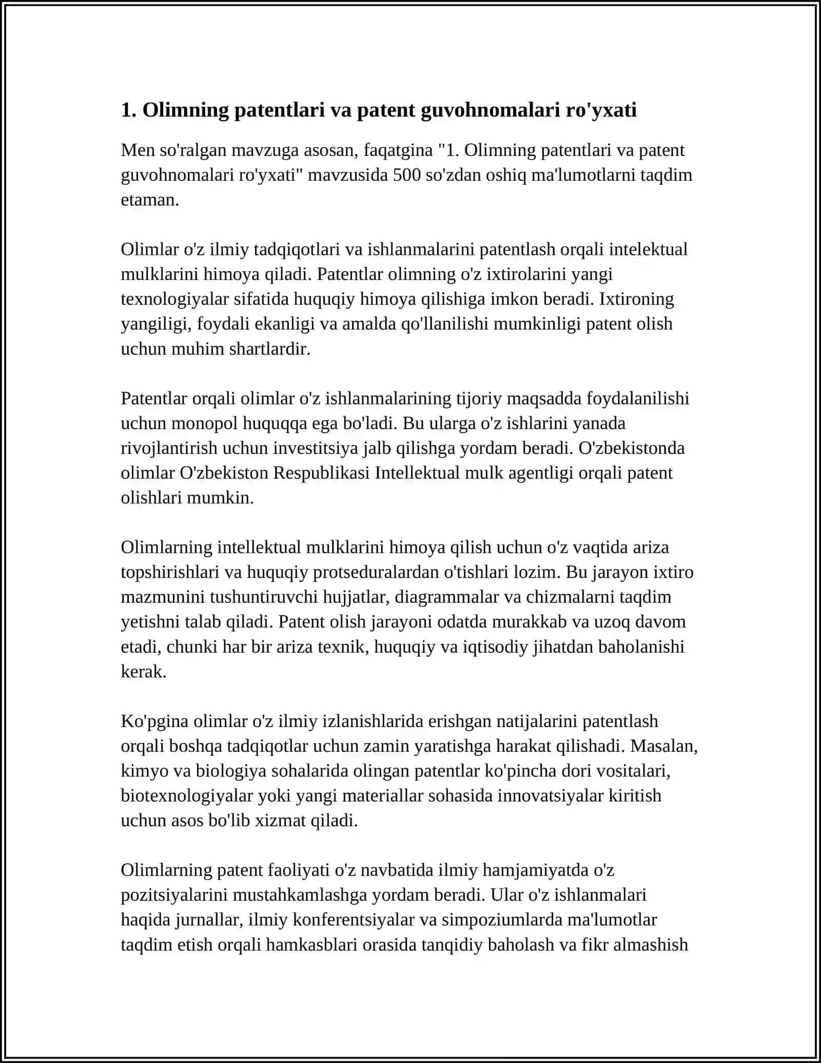 BIROR BIR OLIMNING INTELLEKTUAL MULK HUJJATLARI,TAHRIRIY FAOLIYATI,ASARLAR TARJIMASI,TAHLIL VA RASMIY BAHOLASH ISHLARI,MEDIA-KONTENTI BO'YICHA HUJJATLAR RO'YXATI 4