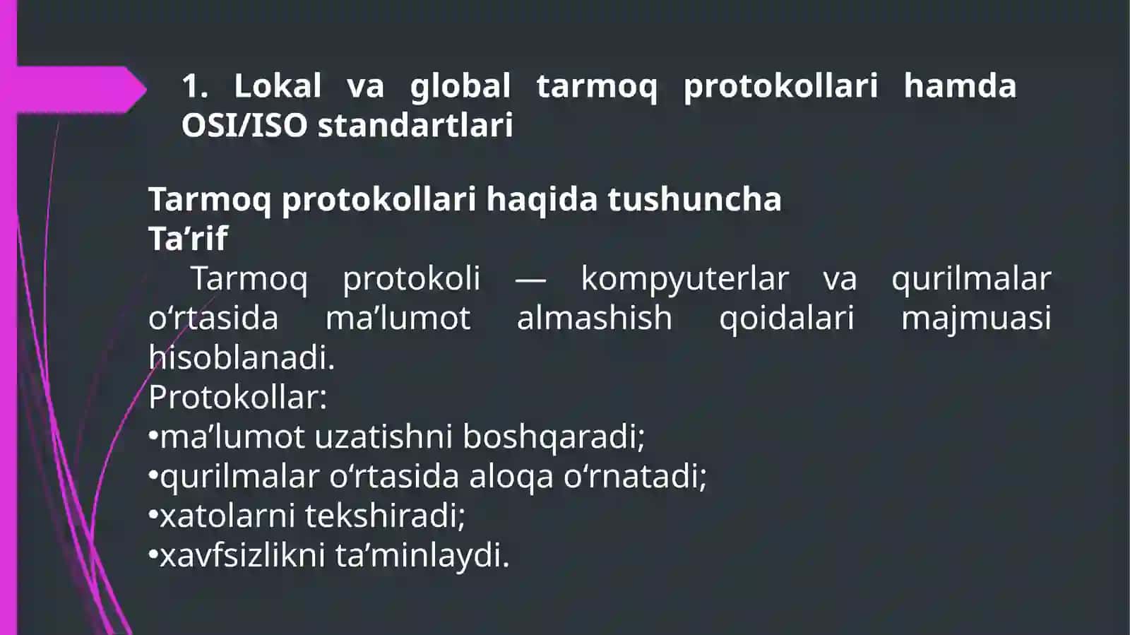 Lokal va global tarmoq protokollari va xususiyatlari. OSI/ISO standartlari. TCP/IP protokollari 4