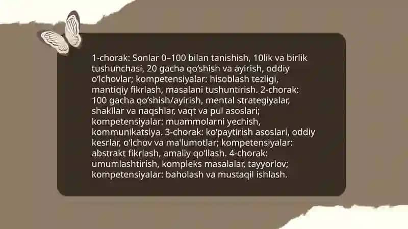 Ikkinchi sinf matematika dasturlari va materiallarning choraklar bo’yicha joylashuvi umumiy tahlili 4