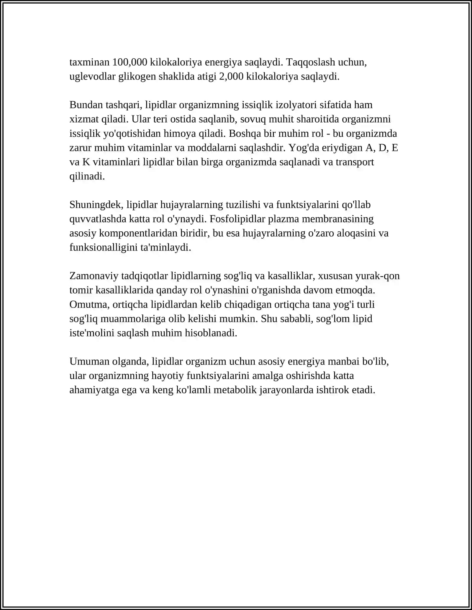 ORGANIZM VA OVQAT TARKIBINING ASOSIY LIPIDLARI, BIOLOGIK AHAMIYATI.LIPIDLAR KLASSIFIKATSIYASI 4