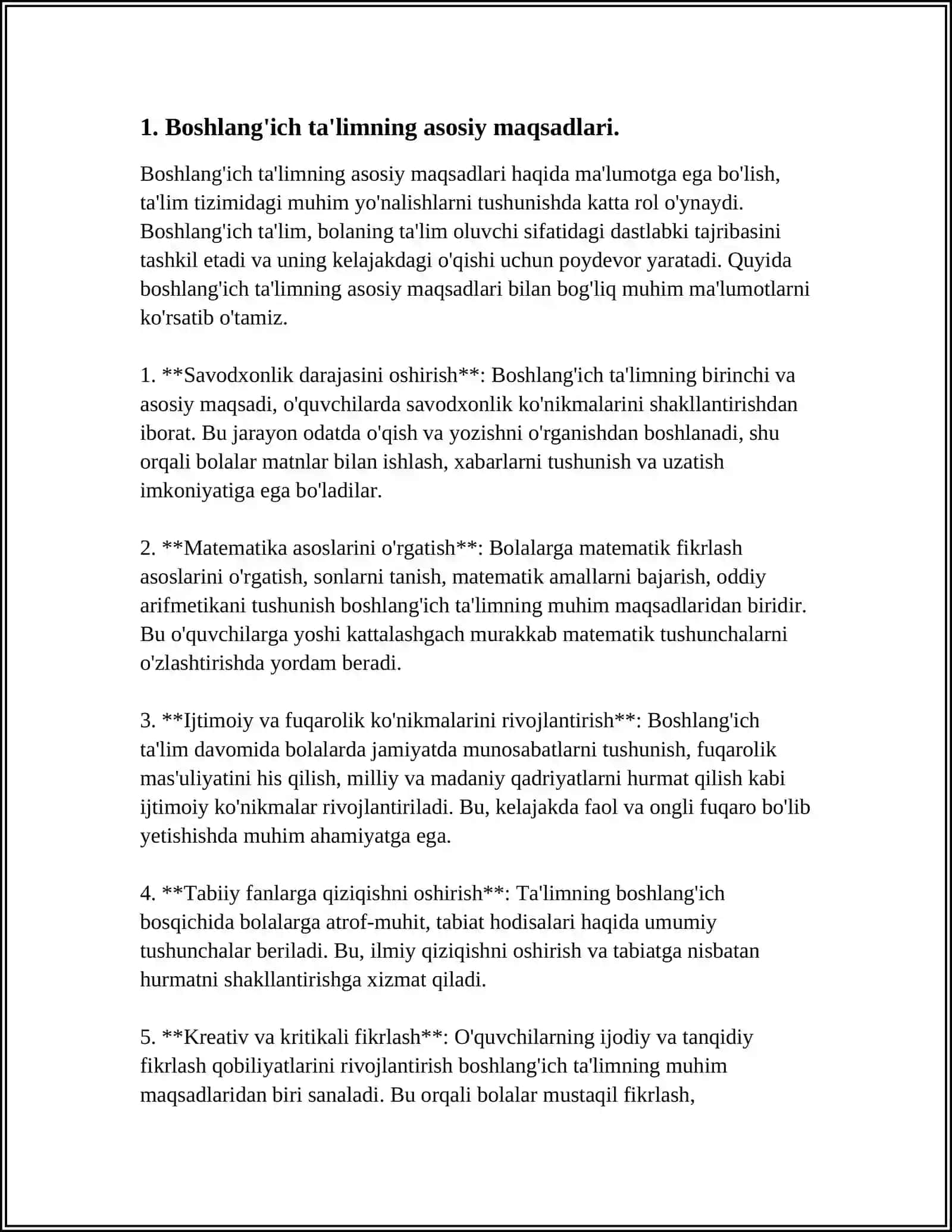BOSHLANGICH TA'LIM MAZMUNI VA MOHIYATI BOSHLANGICH SINFLAR TA'LIM TAMOYILLARI VA QONUNYATLARI 4