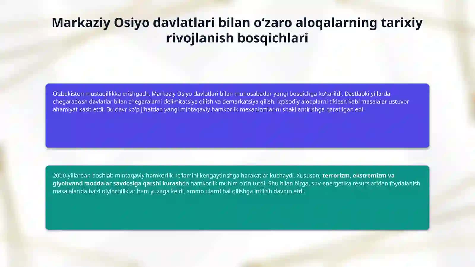 Markaziy Osiyo - Oʻzbekiston tashqi siyosatining ustuvor yoʻnalishi 4
