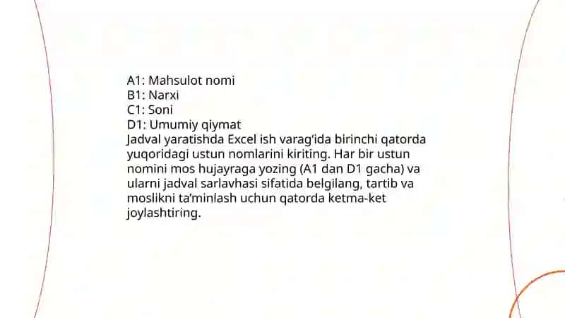 Microsoft Excel dasturida Jadval yaratish 4