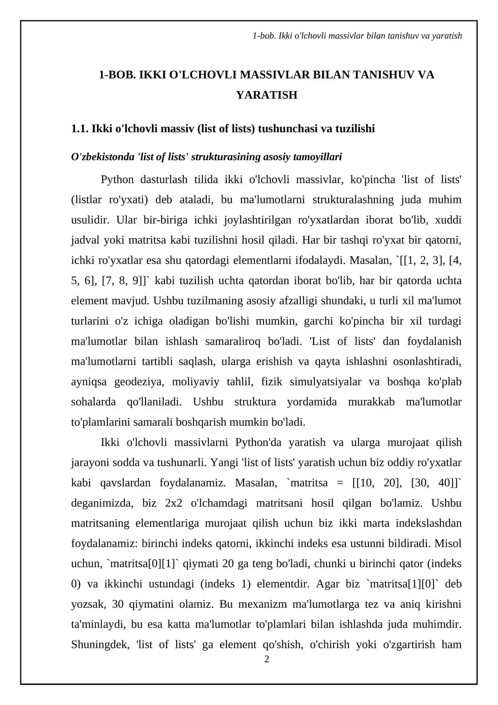 Python tilida ikki o'lchovli massivlar va matritsalar ustida amallar bajarish 4