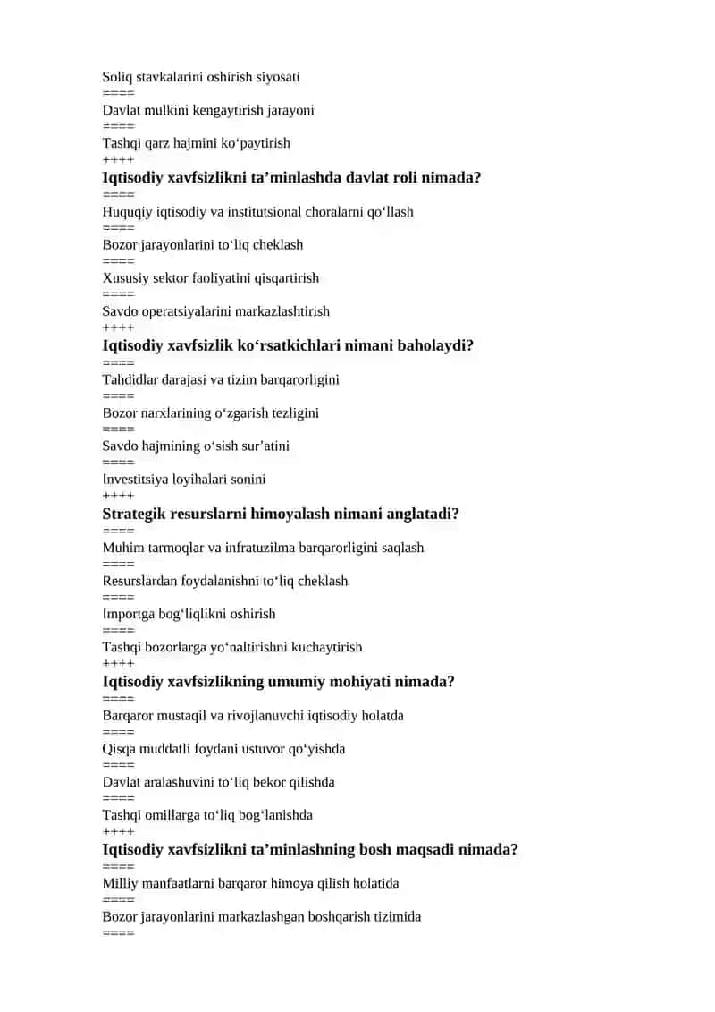 Iqtisodiy xavfsizlik fanidan yakuniy nazorat uchun test savollari 4