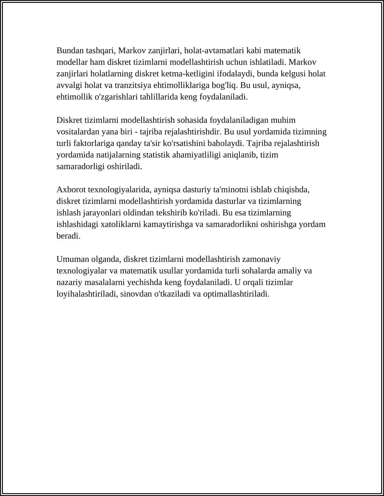 DISKRET VA UZLUKSIZ TIZIMLARNI MODELLASHTIRISH 4