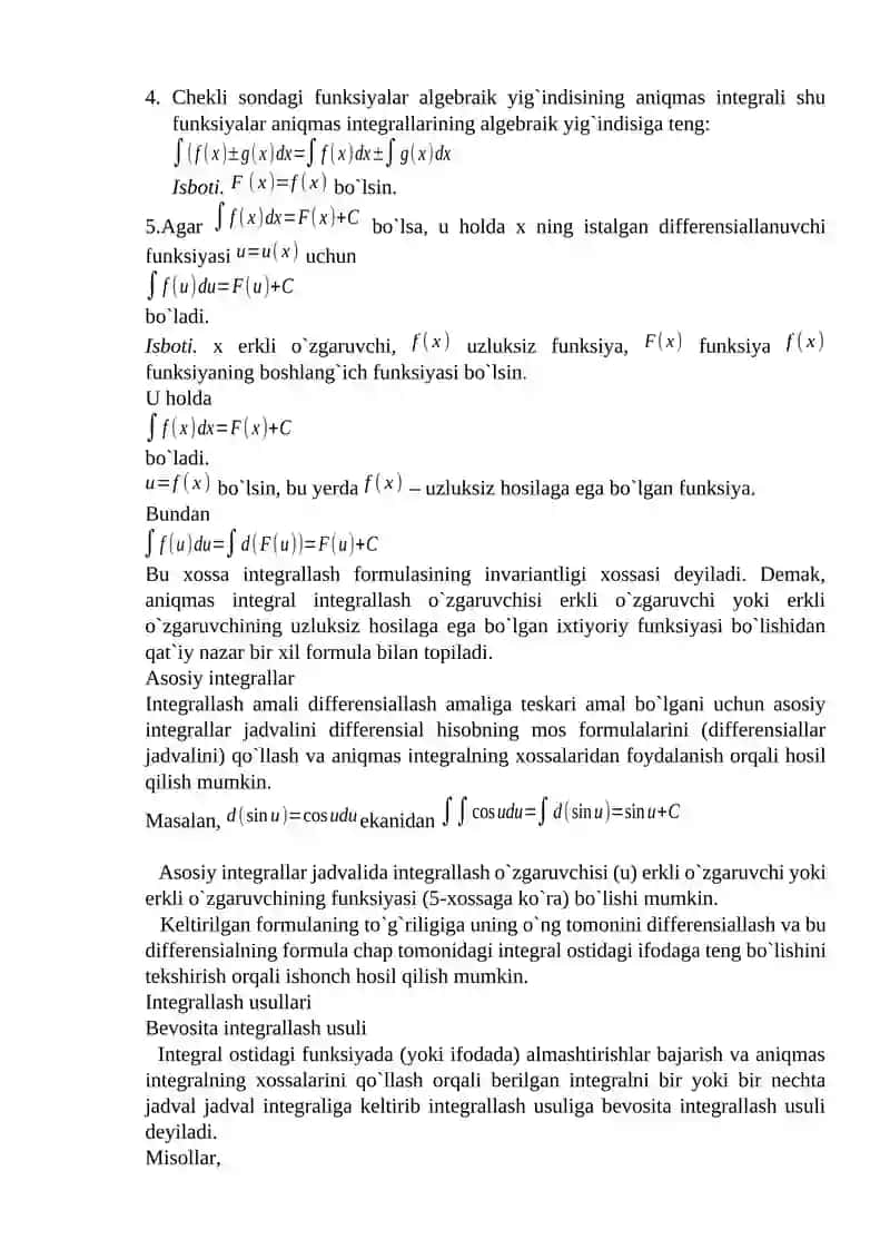 BIR O`ZGARUVCHI FUNKSIYANING INTEGRAL HISOBI 4