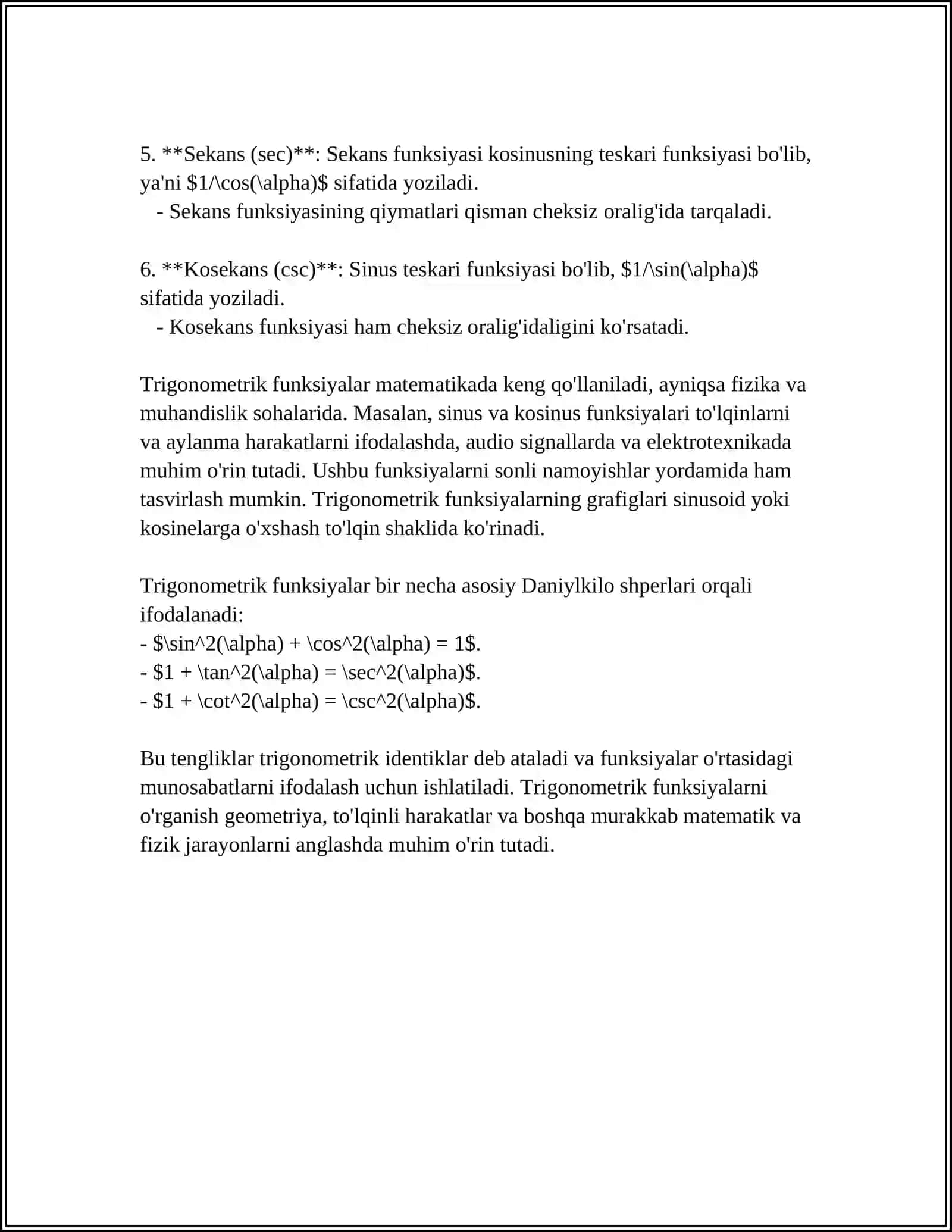 MAPLE TIZIMIDA TRIGONOMETRIK FUNKSIYALAR BILAN ISHLASH 4