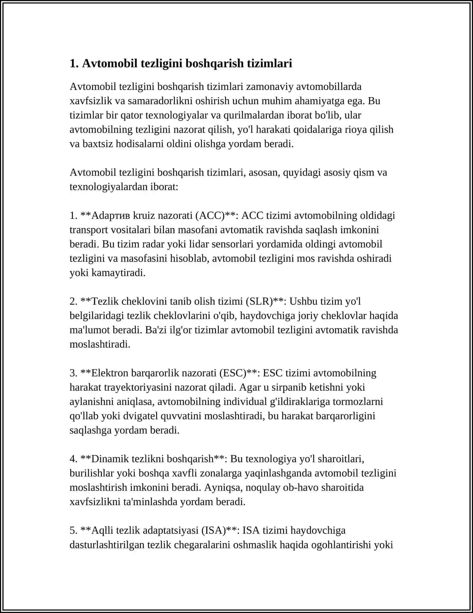 AVTOMOBIL TEZLIGI VA UNING OQIBATLARINI KAMAYTIRISHDAGI TIZIMLAR 4
