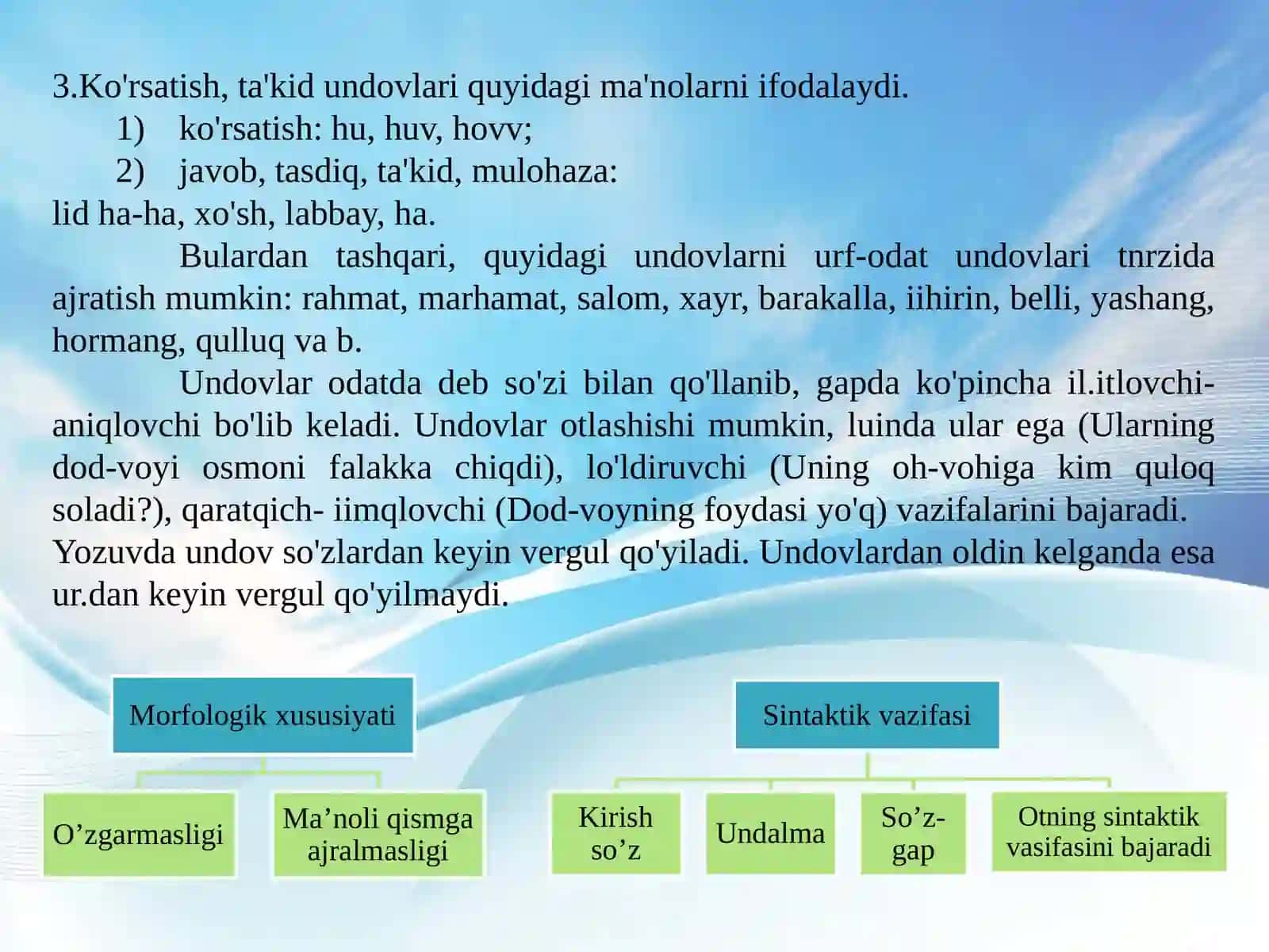 Undov, taqlid va modal so'zlar, ularning uslubiyoti 4