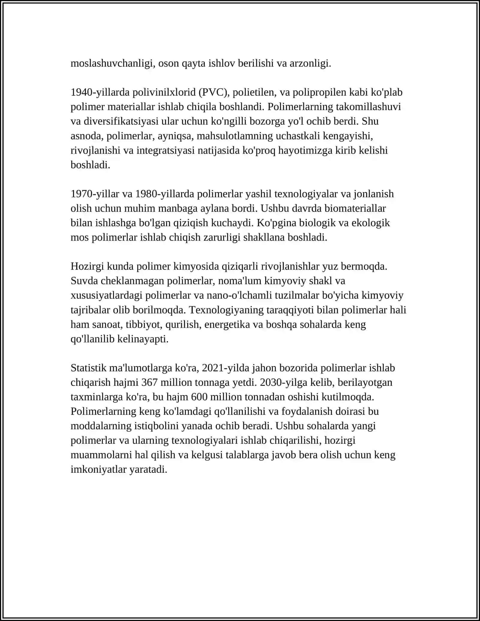 POLIMERLARNING OLINISHI VA QISHLOQ XOʻJALIGIDAGI AHAMIYATI.TABIIY VA SINTETIK KAUCHUKLAR 4