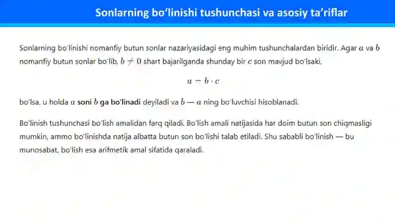 Nomanfiy butun sonlar ustida arifmetik amallar. Sonlarning bo‘linishi. Nomanfiy butun sonlar yig‘indisi va ko‘paytmasining bo‘linish 4