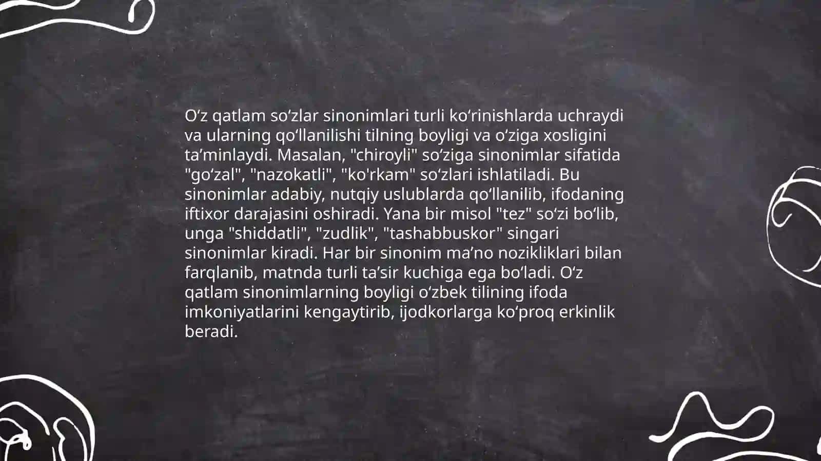 O'zbek tili sinonimlar izohli lug'atida o'z qatlam so'zlari. O'zbek tiling izohli lug'atida o'zlashma qatlam so'zlari. O'zbek tiling imlo lug'ati ustida ishlash. 4