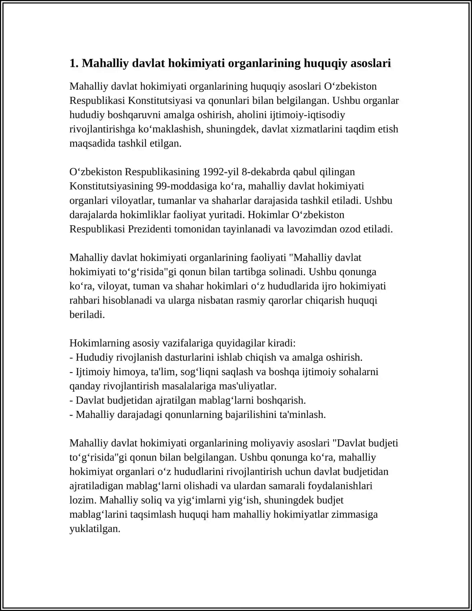 MAHALLIY DAVLAT HOKIMYAT ORGANLARI TIZIMI, VAZIFASI 4