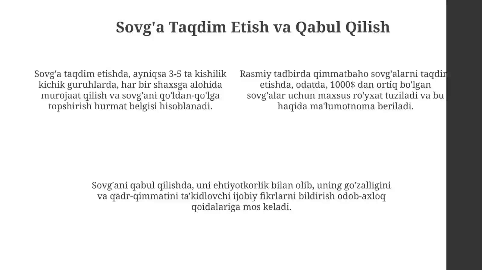 Rasmiy qabul etiketi boʻyicha misollar bilan tanishish 4