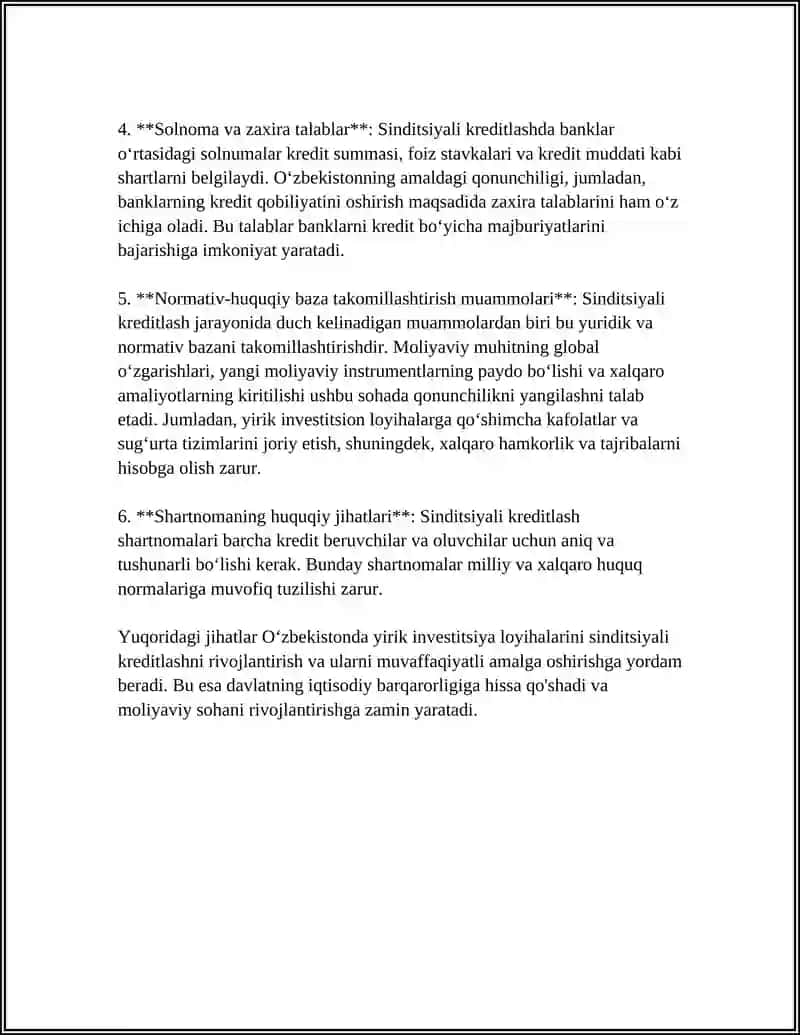 O'ZBEKISTONDA YIRIK INVESTITSIYA LOYIHALARINI SINDITSIYALI KREDITLASHNI RIVOJLANTIRISH MUAMMOLARI 4