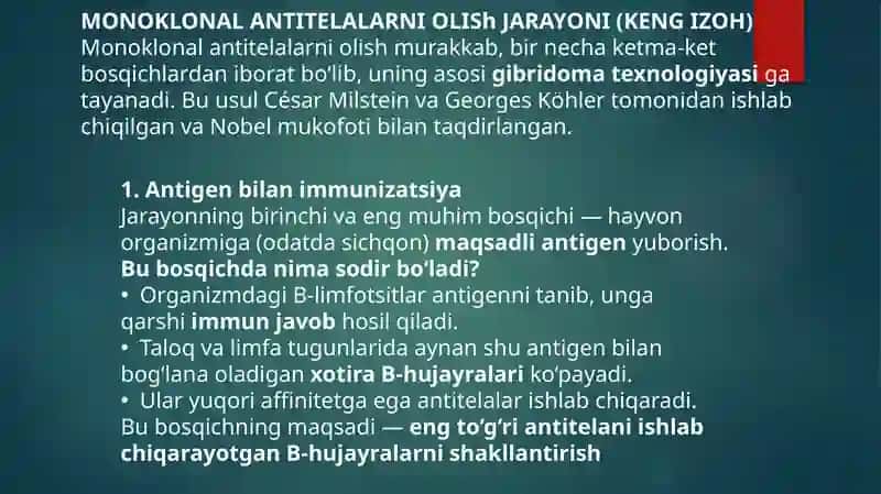 Monoklonal antitelalar,ularning olinishi ,tiplari va amaliyotda qo’llanilishi. Sitokinlar ,interferon. Sintezlanishi,ta’sir mexanizmi 4