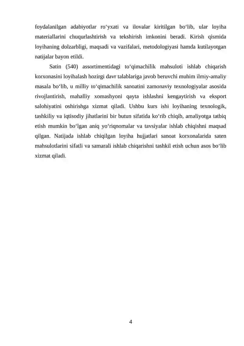 Satin (540) asartimentidagi to'qimachilik mahsuloti ishlab chiqarish korxonasini loyihalash 4