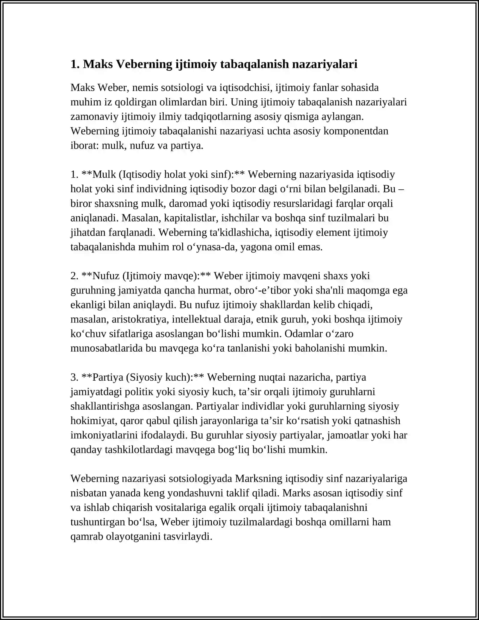 M.VEBER, P.SOROKIN, P.BURDYENING IJTIMOIY VA SIYOSIY TABAQALANISH NAZARIYALARI 4