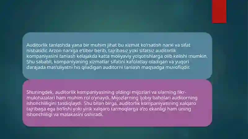Taqdimot  Mavzu: Auditorlik tanlashda asosiy jihatlari Auditorlik tekshiruvining yakuniy bosqichi 4