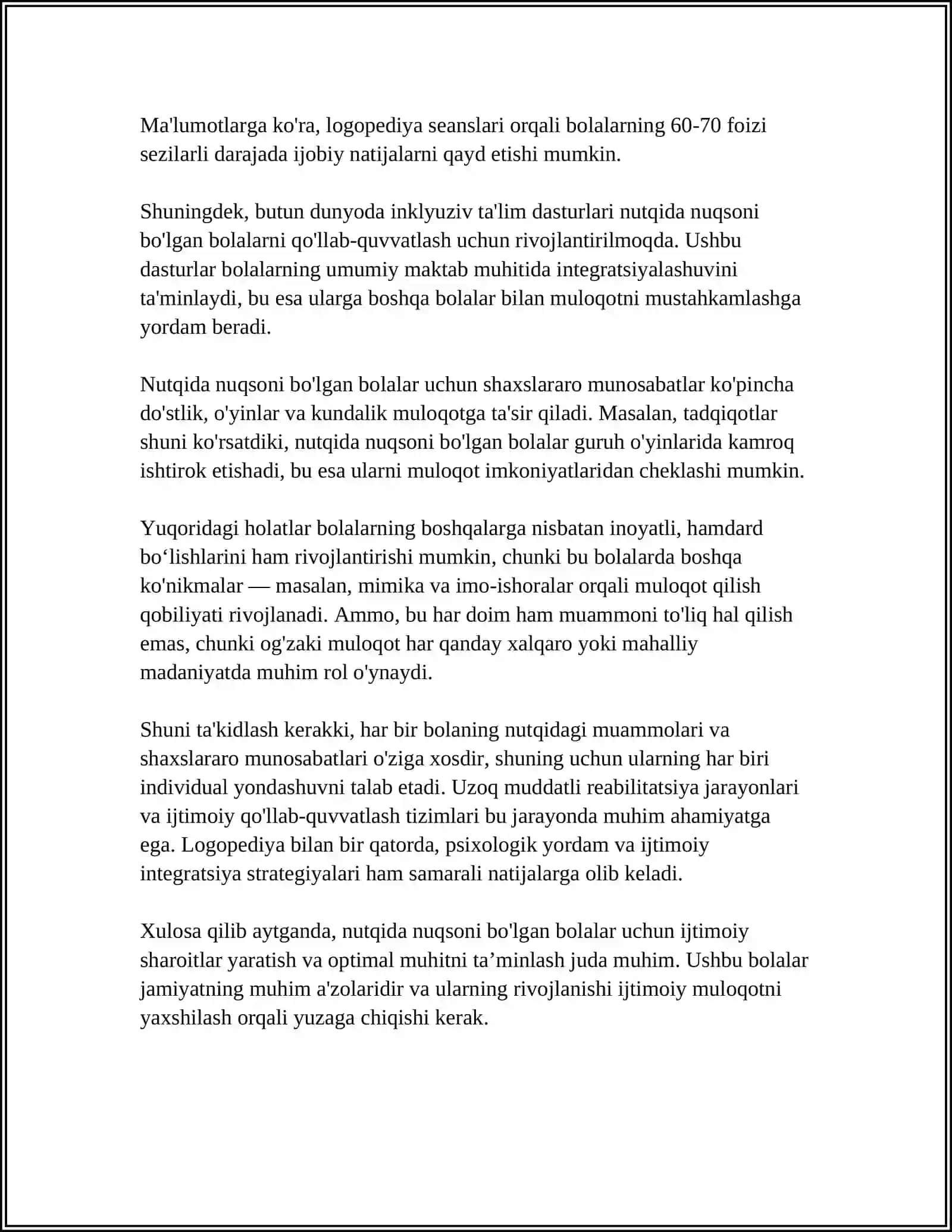 NUTQIDA NUQSONI BO'LGAN BOLALAR SHAXSLARARO MUNOSABATLARI DIAGNOSTIKASI 4