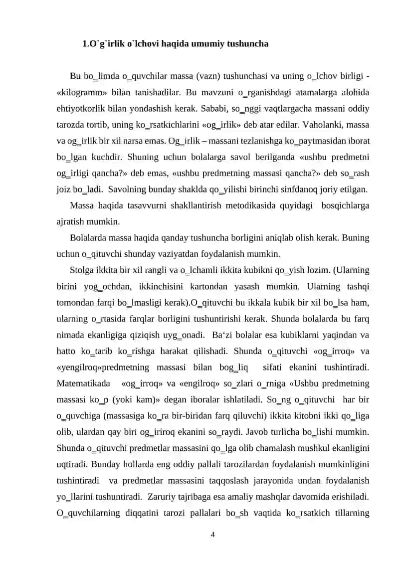 BOSHLANG’ICH SINF O’QUVCHILARIGA OG’IRLIK O’LCHOVLARINI O’RGATISH METODIKASI 4