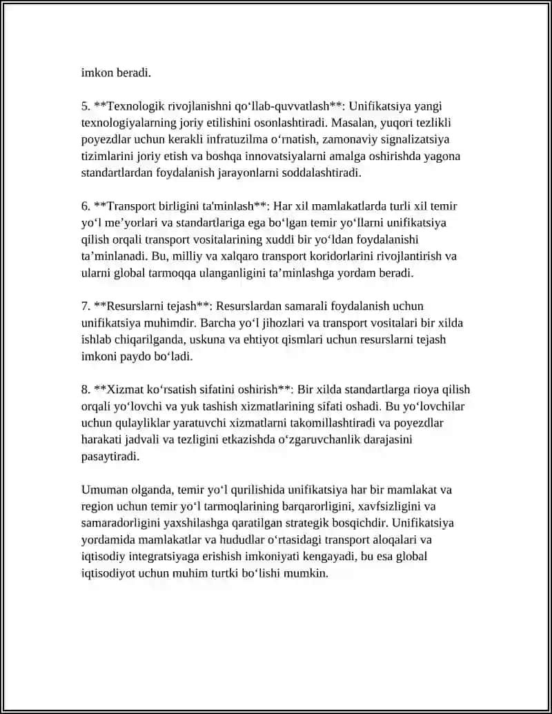 TEMIR YO‘L QURILISHIDA UNIFIKATSIYA ISHLARI HAQIDA MAʼLUMOT BERISH 4