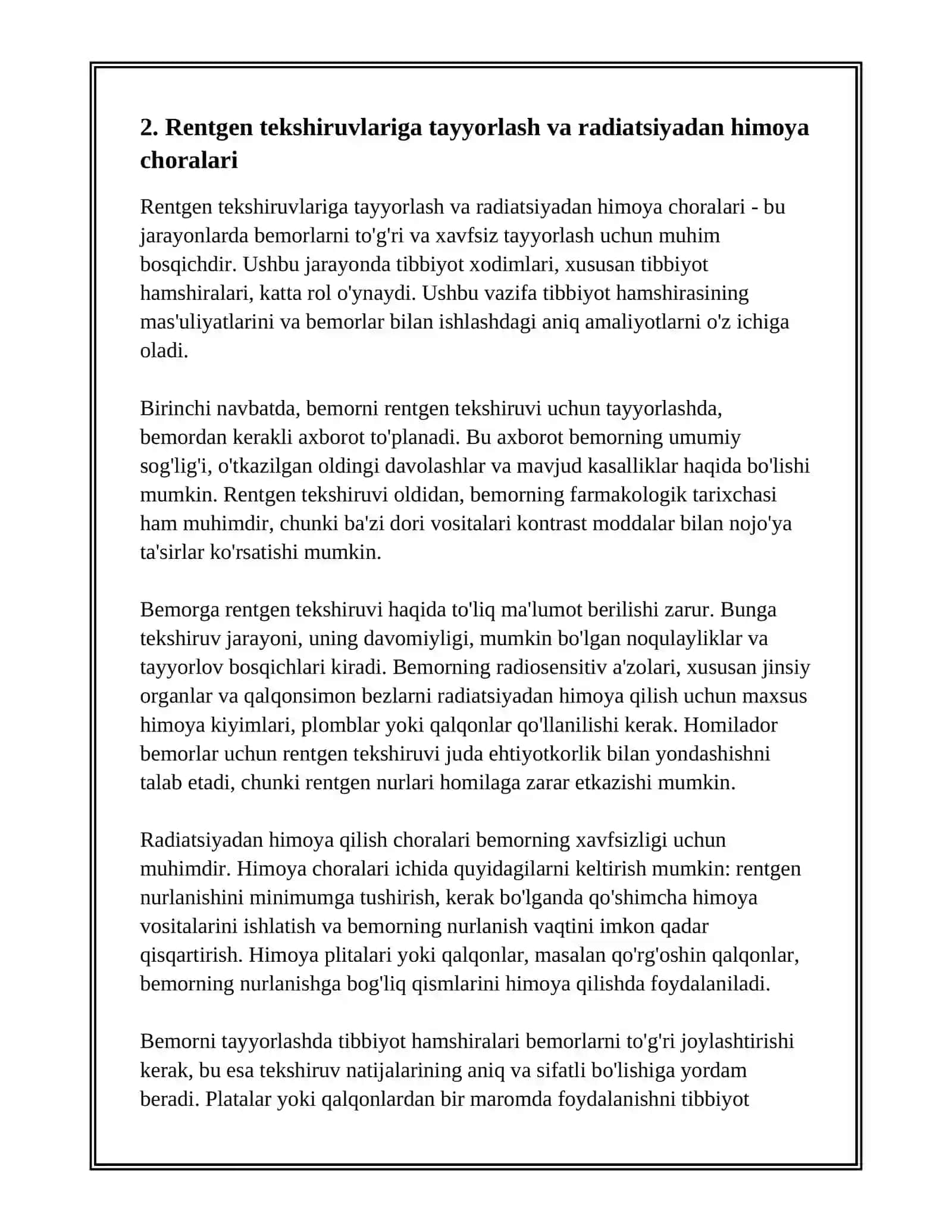 BEMORNI INSTRUMENTAL RENTGENOLOGIK ENDESKOPIK UTD VA SIKANERLASH TEKSHURUVLARGA TAYORLAWDA TIBBIYOT HAMISHIRASINI VAZIFASI 4