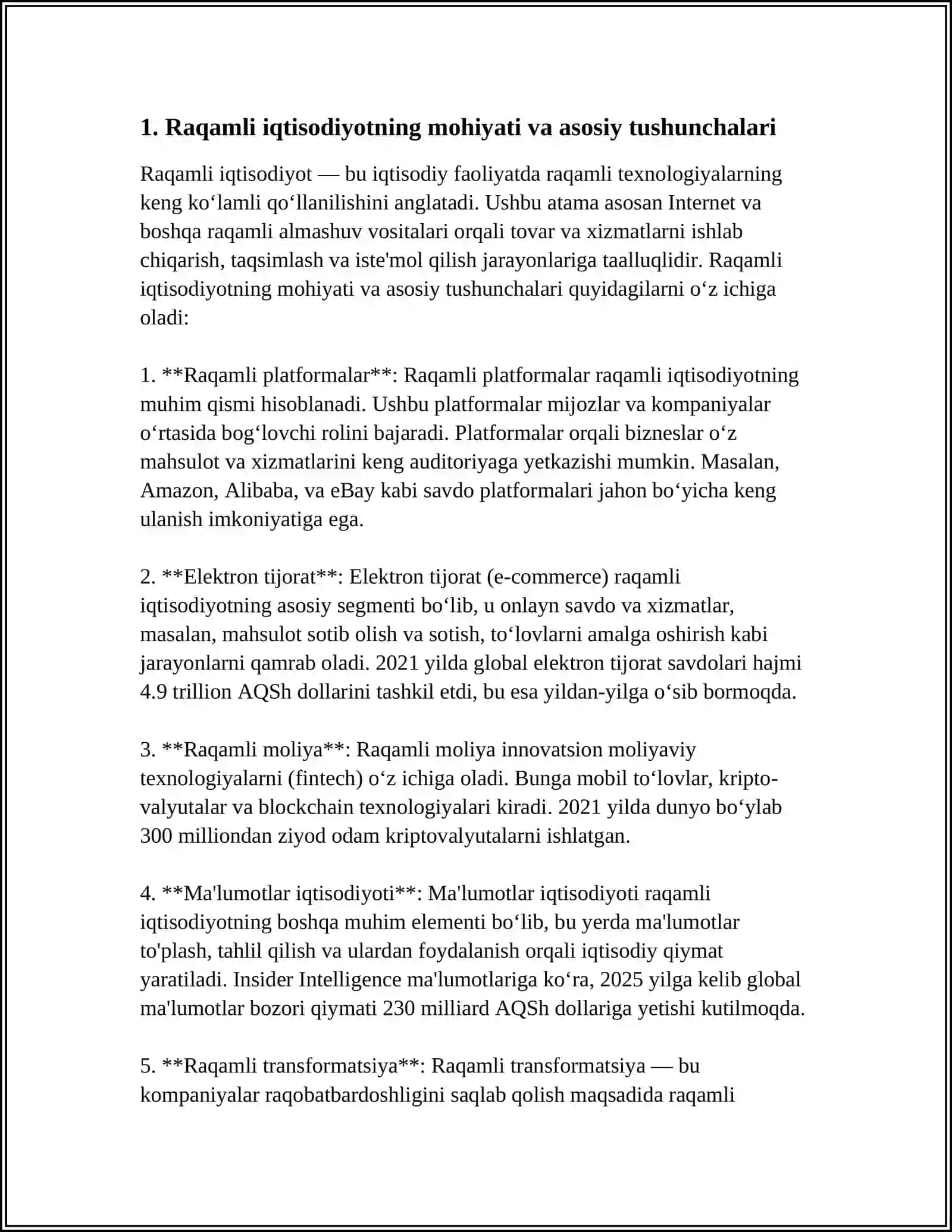 “RAQAMLI IQTISODIYOT” FANIGA KIRISH. RAQAMLI IQTISODIYOT: ELEKTRON BIZNESNI BOSHQARISH ASOSLARI. ELEKTRON SAVDO (INTERNET SAVDO)NING RIVOJLANISH XUSUSIYATLARI. IQTISODIYOTNI RAQAMLASHTIRISH KURSATKICHLARI 4