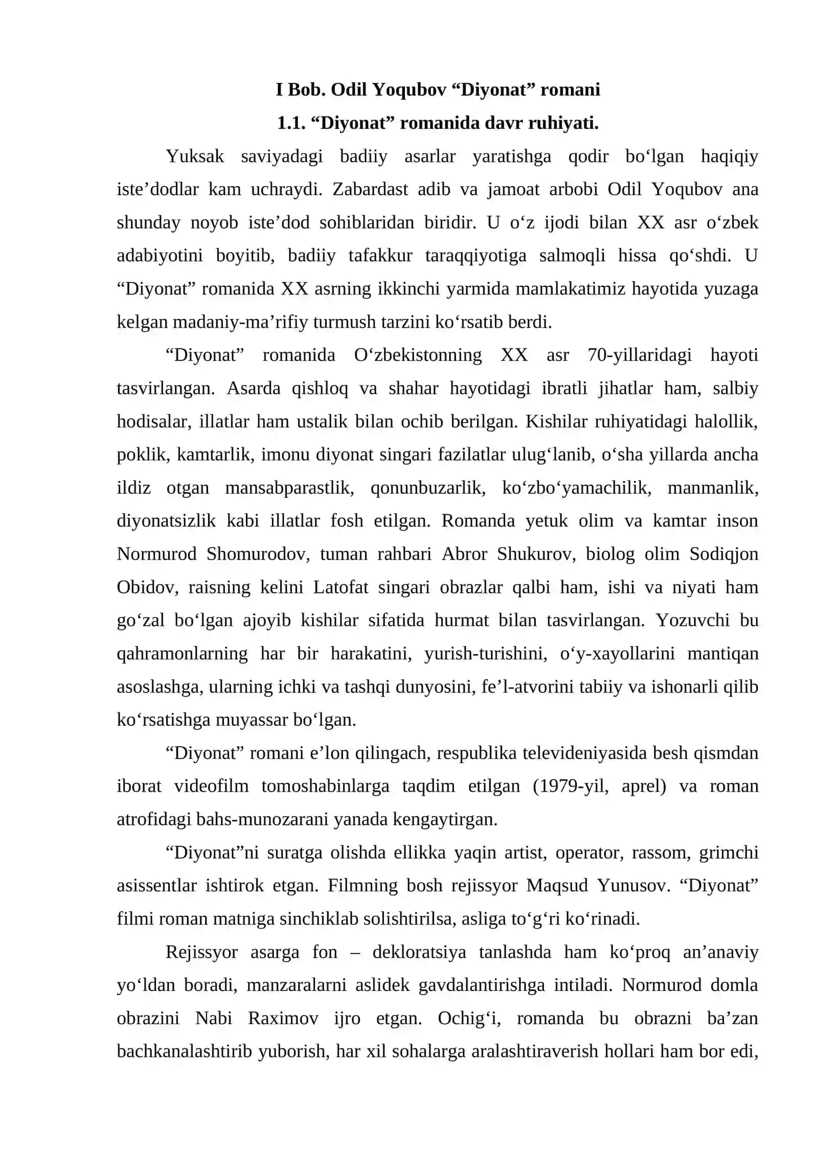 “DIYONAT” ROMANIDA ZAMON VA QAHRAMON RUHIYATI TASVIRI” 4