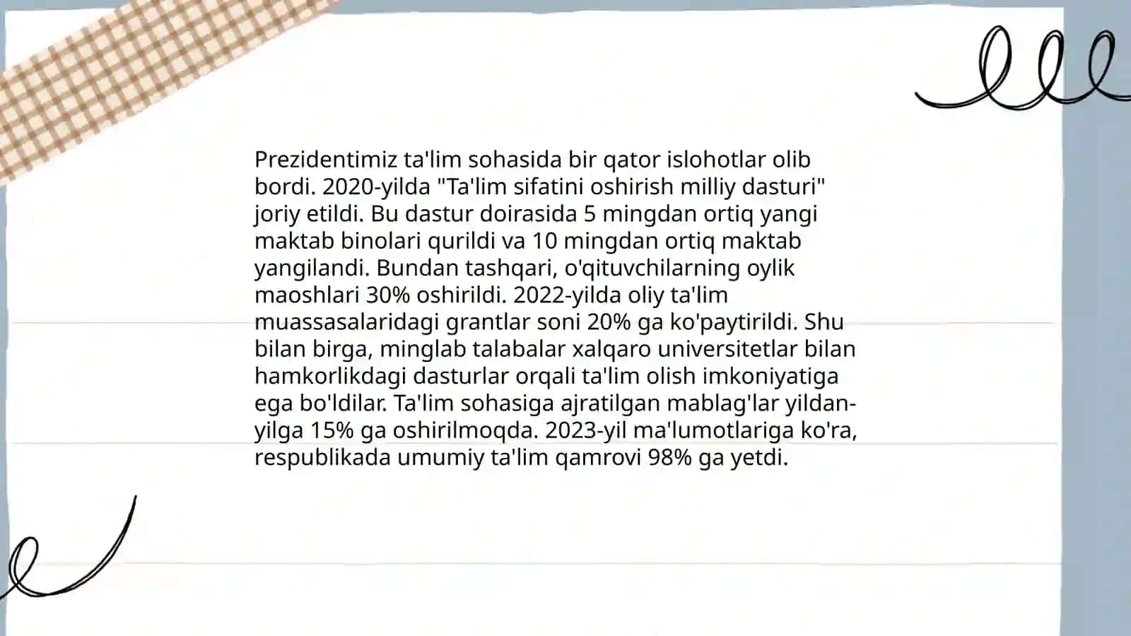 Mustaqillik yillarida ta'lim sohasida olib borilgan islohotlar 4