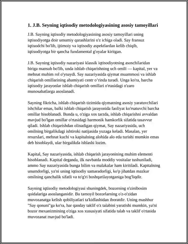 J.B.SEY.UNING METODOLOGIYASI, QIYMATNING TAHLILI, ISHLAB CHIQARISHNING UCH OMILI(KAPITAL, YER, MEHNAT) VA KAPITOPNING QIYMATI UNUMDORLIGI HAQIDAGI GʼOYALAR 4