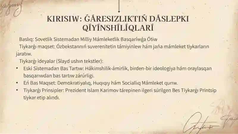 Ǵárezsizligi jíllarínda Ózbekstan Respublikasí mámleketlik basqaríw sistemasínda ámelge asírílǵan reformalar. (Qaraqalpaq tilinde) 4