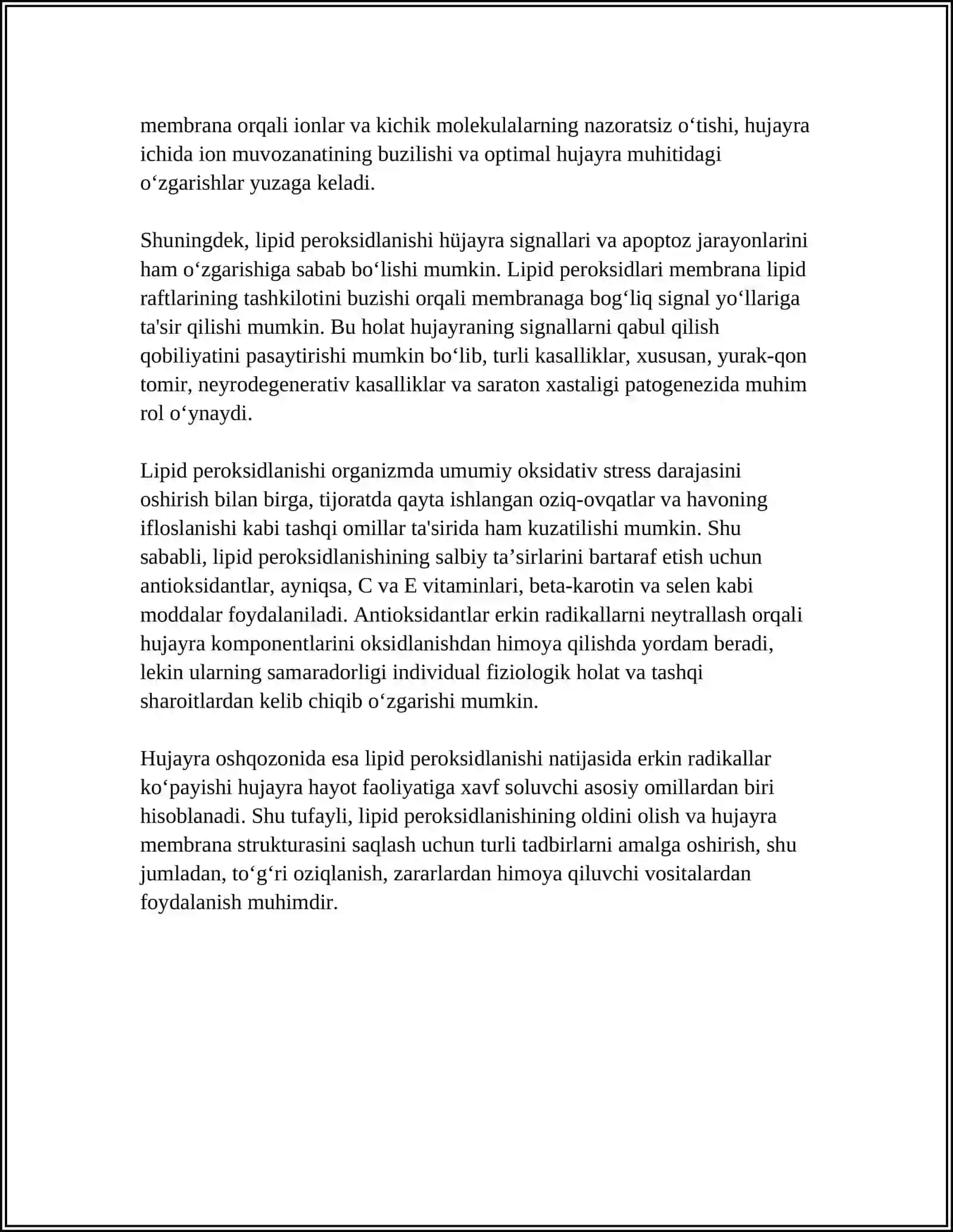 LIPIDLARNI PEROKSIDLANISHI VA HUJAYRA SHIKASTLANISHI PATOGENEZIDAGI AHAMIYATI 4