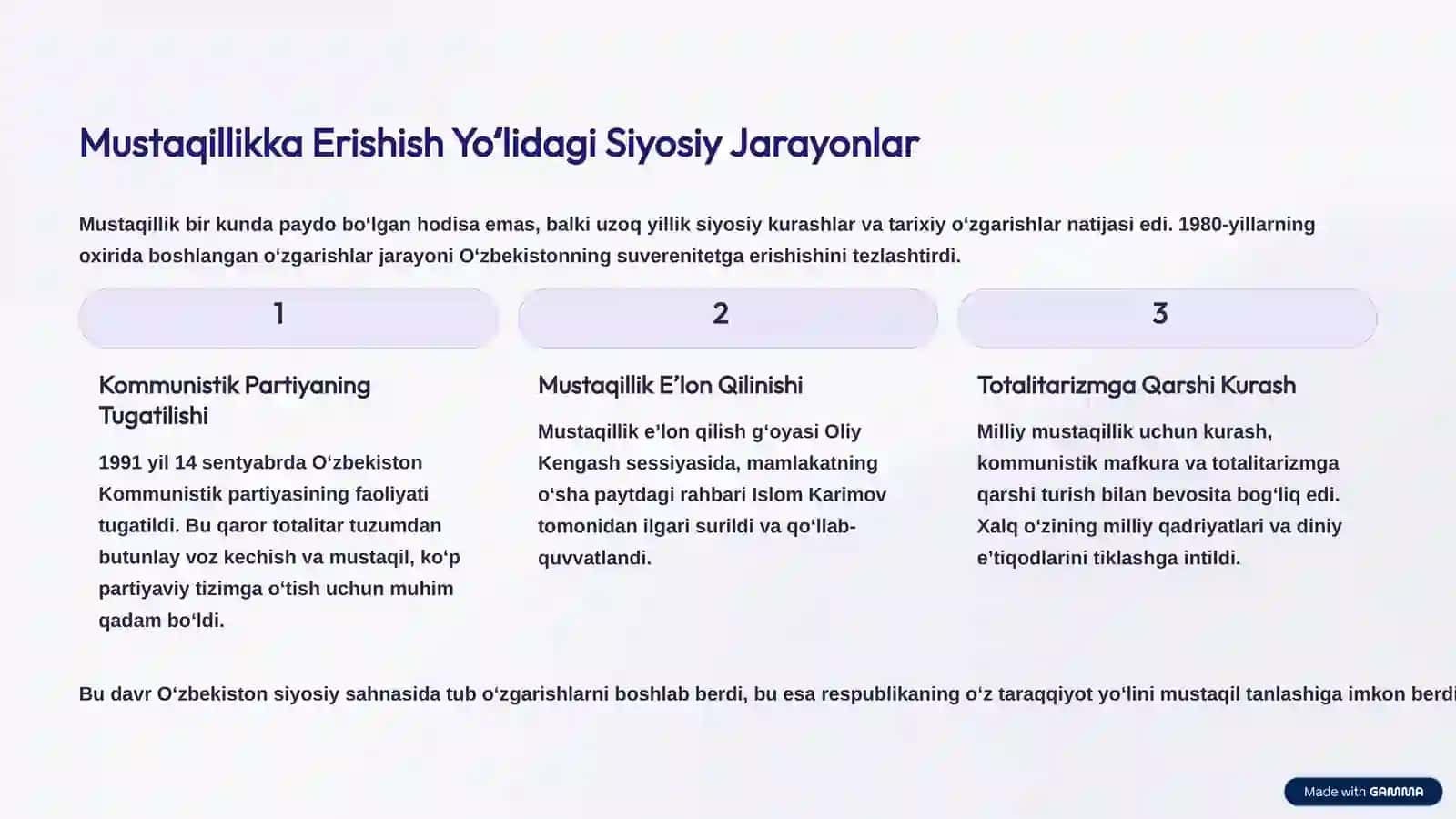 Oʻzbekiston Respublikasining mustaqillikka erishish jarayonini, uning tarixiy ahamiyatini, siyosiy, ijtimoiy-iqtisodiy taʼsirini hamda bugungi kundagi oʻrnini chuqur tahlil etadi. Bu, xalqimizning azaliy orzusi roʻyobi boʻlgan tarixiy voqea – 1991 yil 31 avgust sanasi xotirasiga bagʻishlanadi. 4