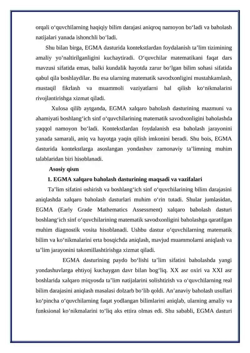 EGMA xalqaro baxolash tizimi dasturida kontekstlar mavzusiga referat 4