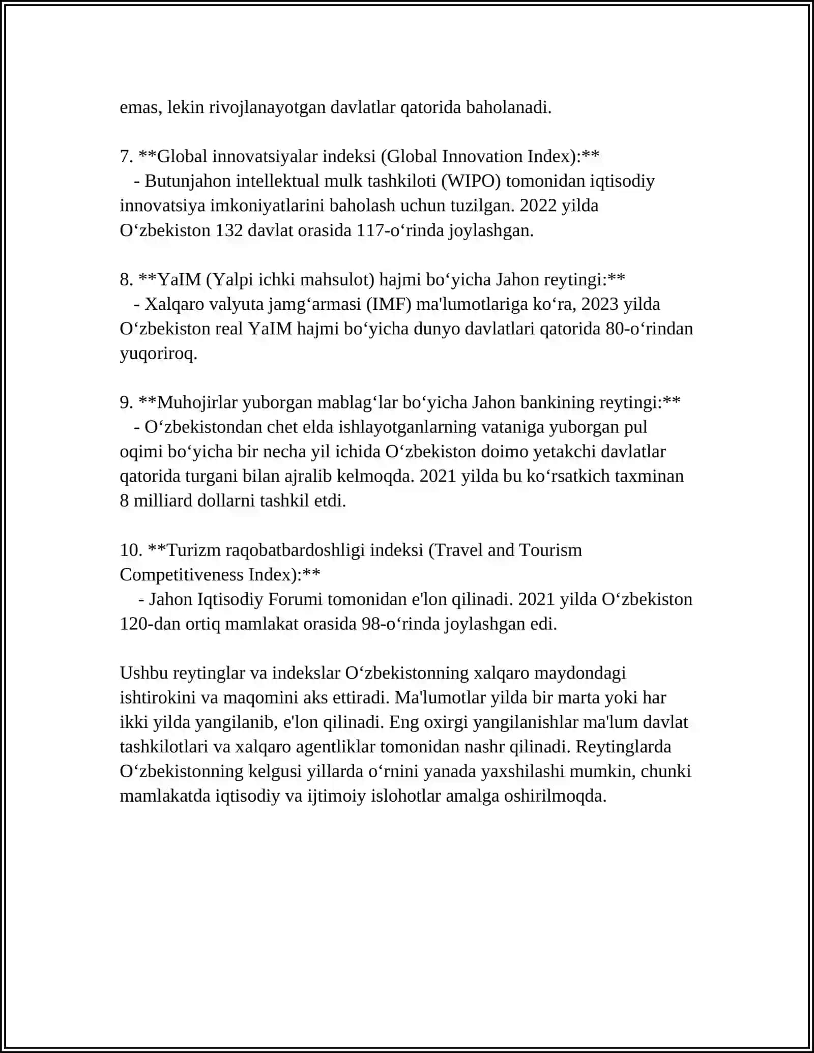 O'ZBEKISTON RESPUBLIKASINING XALQARO REYTING VA INDEKSLARDAGI O'RNI VA NUFUZI ORTIB BORISHI 4