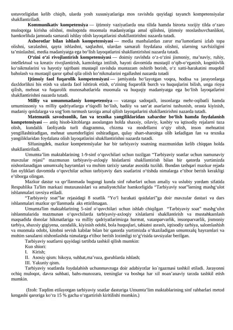 Umumta’lim maktablarida “Tarbiyaviy soat” mashg’ulotlarini tashkil etish bo’yicha o’quv-mavzu reja, o’quv dasturi hamda metodik qo’llanma (sinf rahbarlari uchun) 4