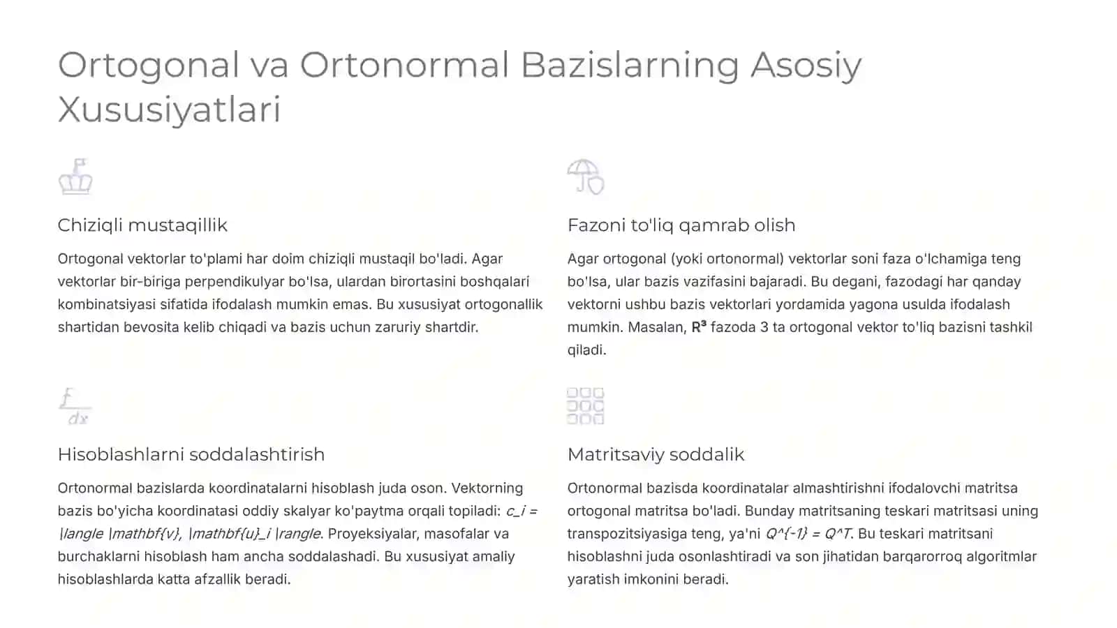 Ortogonal va Ortonormal Bazislar: Chiziqli Algebra Asoslari 4