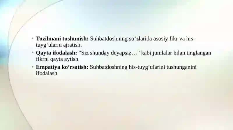 O‘zgаni аnglаsh (eshitish) vа o‘zini аnglаtish qоidаlаri.Kоnfliktlаrni bоshqаrish tаrtiblаri vа usullаri.Kоnfliktlаrni bаrtаrаf etishdа “Mеn-tаsdiqlаr” (Mеn-murоjааt) usuli 4