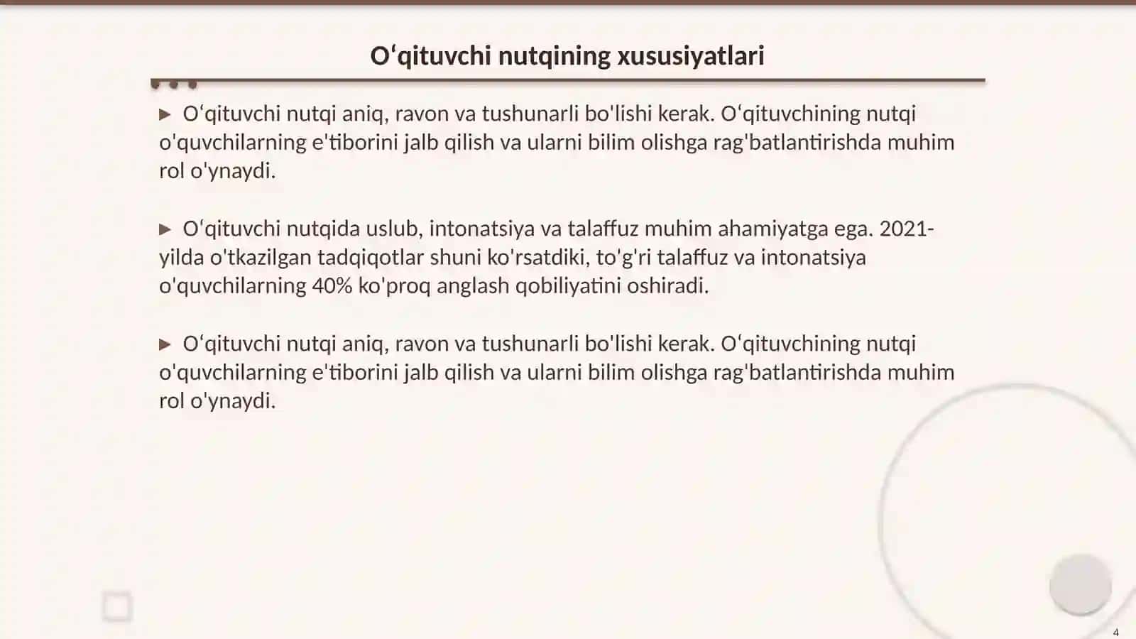 Nutq madaniyati va oʻqituvchi nutqi. Ta'lim jarayonida nutq madaniyati masalalari 4
