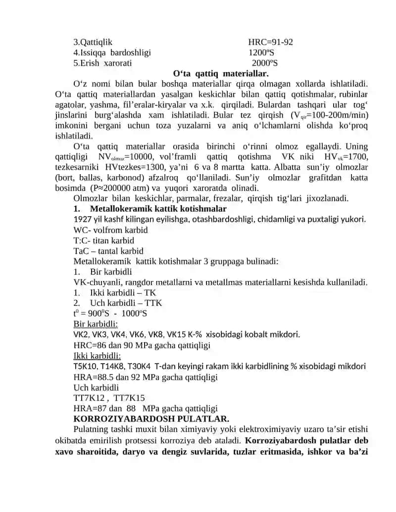 Metallokeramik va Mineralokeramik qattiq qotishmalar. Quyma qattiq qotishmalar. Metallarning korroziyalanishi. Korroziya turlari va undan saqlanish usullari 4