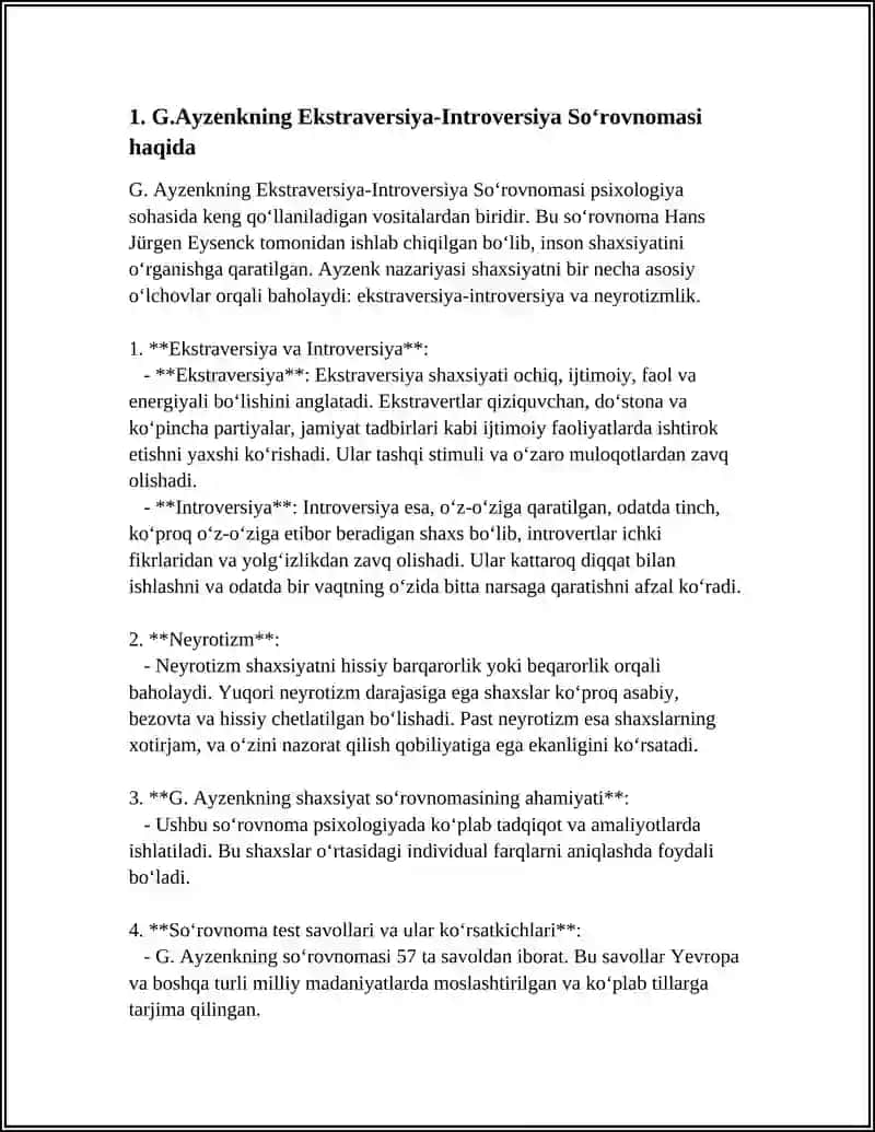 G.AYZENKNING “EKSTROVERSIYA-INTROVERSIYA VA NEYROTIZMNI ANIQLASH” SO‘ROVNOMASI 4