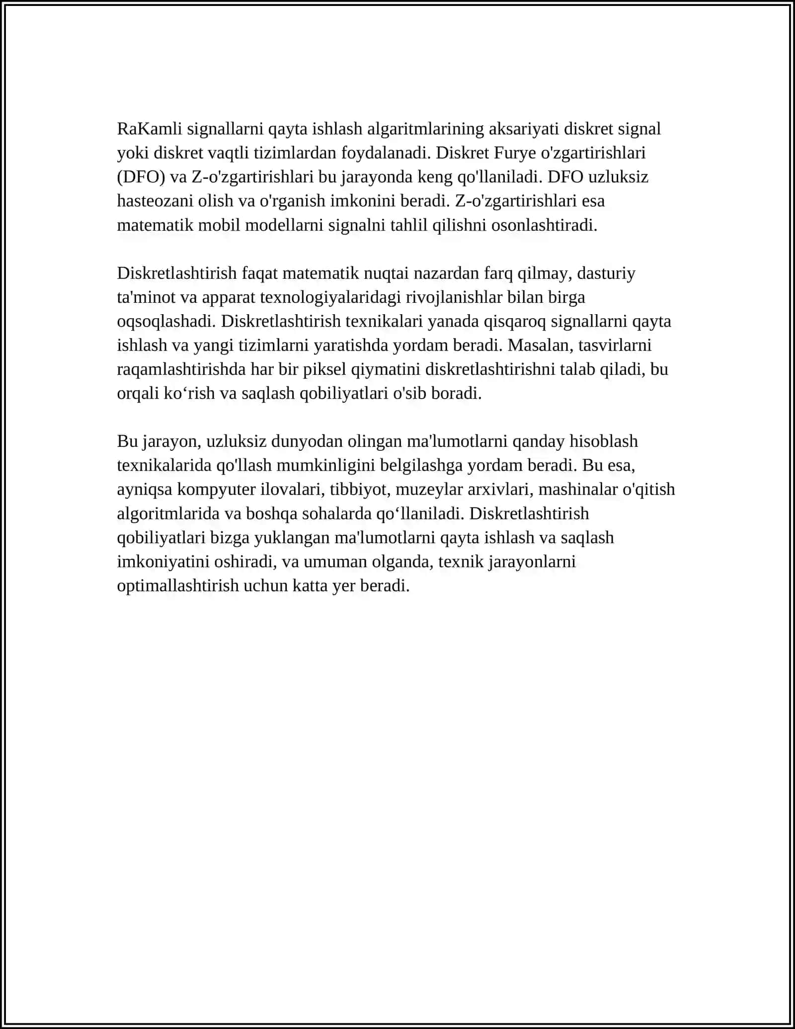 UZLIKSIZ JARAYONLARNI MODELLASHTIRISHDA DISKRETLASHTIRISH USULI 4