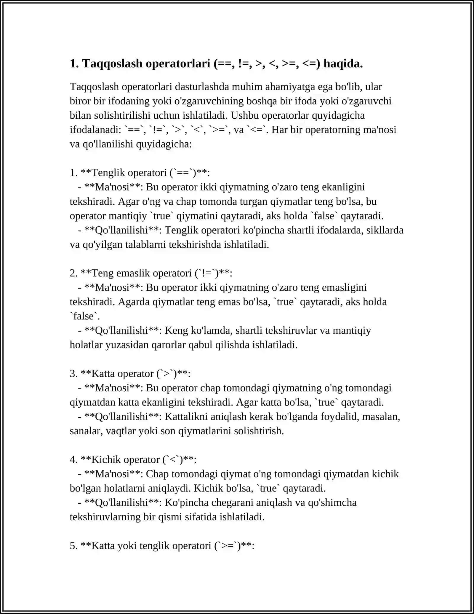 DASTURLASHDA TAQQOSLASH BUYRUQLARI (COMPARATOR)NI QOʻLLASH.DASTURLASHDA ARIFMETIK BUYRUQLARI (MATH FUNCTION) QOʻLLASH 4