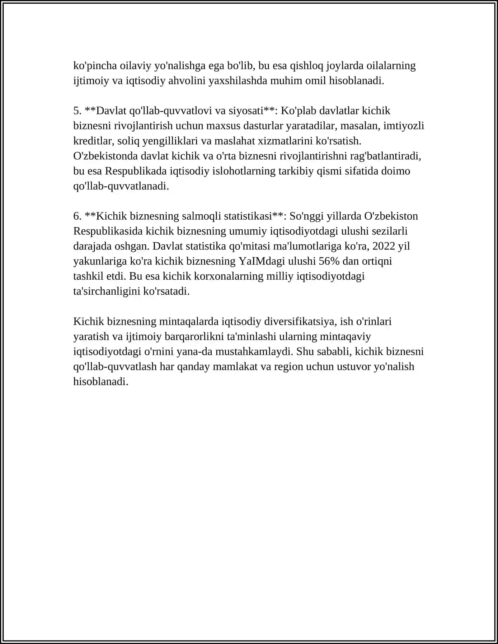 Kichik biznes va xususiy tadbirkorlikning aholini ish bilan ta'minlash va yangi ish o'rini yaratish 4
