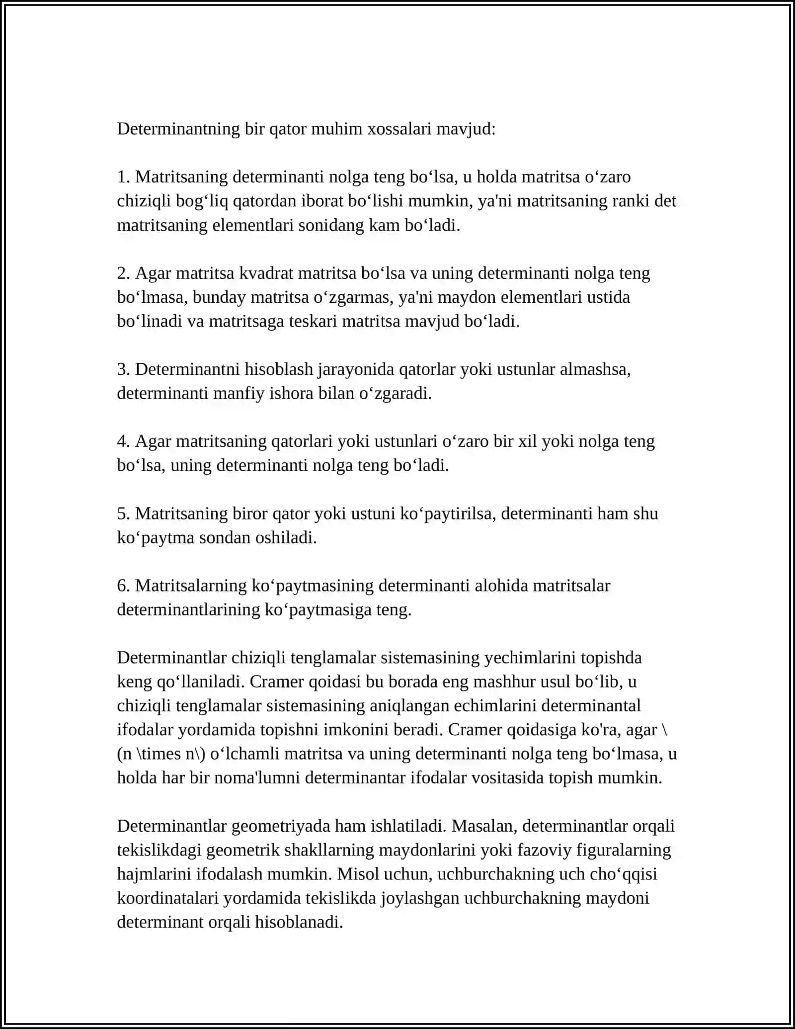 YUQORI TARTIBLI DETERMINANTLARNI HISOBLASHGA DOIR MISOLLAR YECHISH 4