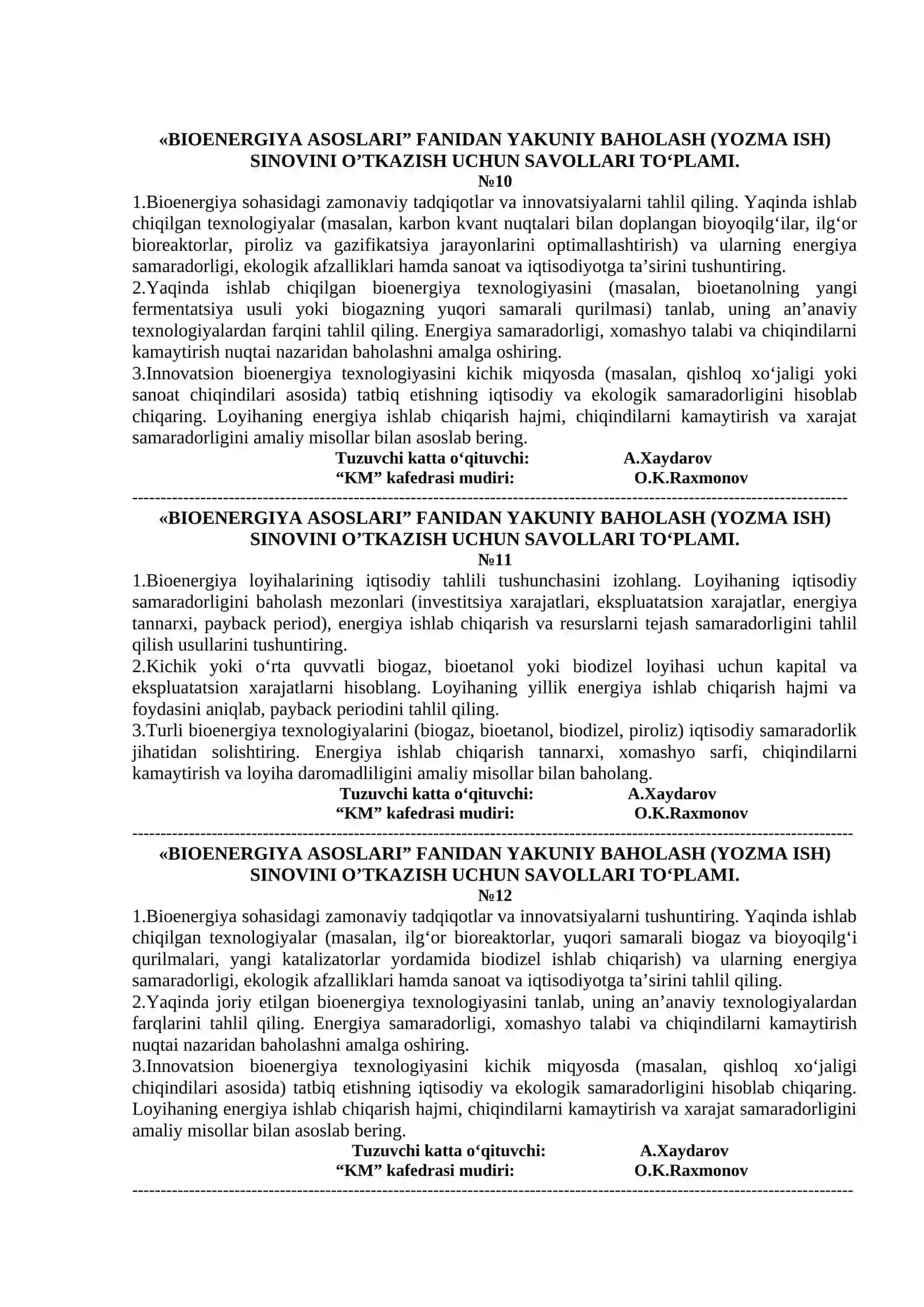 "BIOENERGIYA ASOSLARI" FANIDAN YAKUNIY BAHOLASH (YOZMA ISH) SINOVINI O’TKAZISH UCHUN SAVOLLARI TO‘PLAMI 4