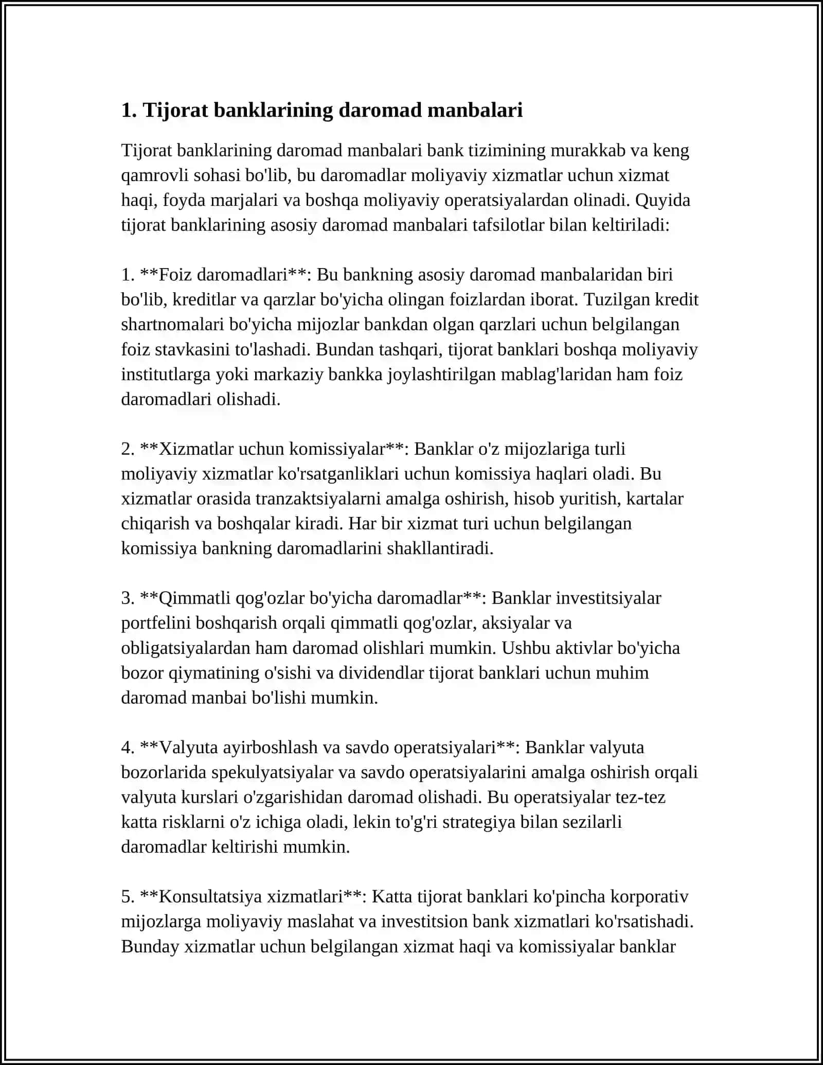 TIJORAT BANKLARINING DAROMADLARI, XARAJATLARI VA FOYDASI 4