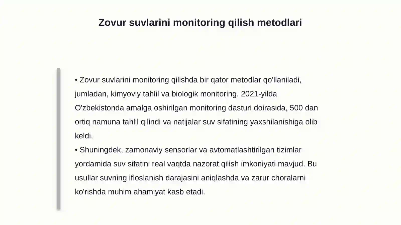 Kollektor-zovur tarmoqlari suvlari monitoringi: Zovur suvlarini qayta ishlatish imkoniyatlari 4